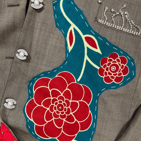 Upcycled Embellished Ankara/Sequin Lace/Rhinestone Blazer Wool M - Picture 7 of 11